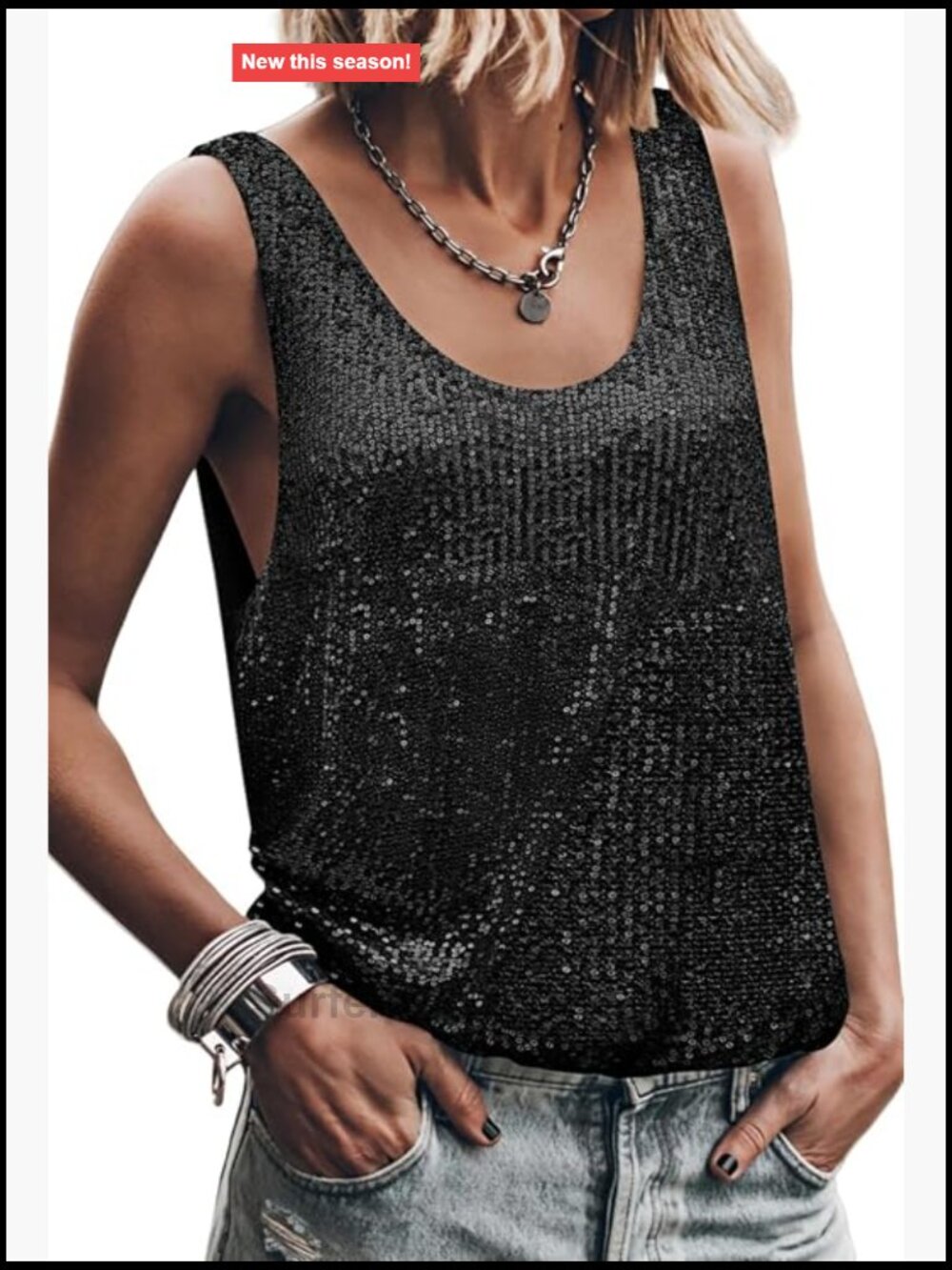 Womens Sleeveless Sequin Tank Top Sparkly Scoop Neck Party Casual Shimmer Blouse